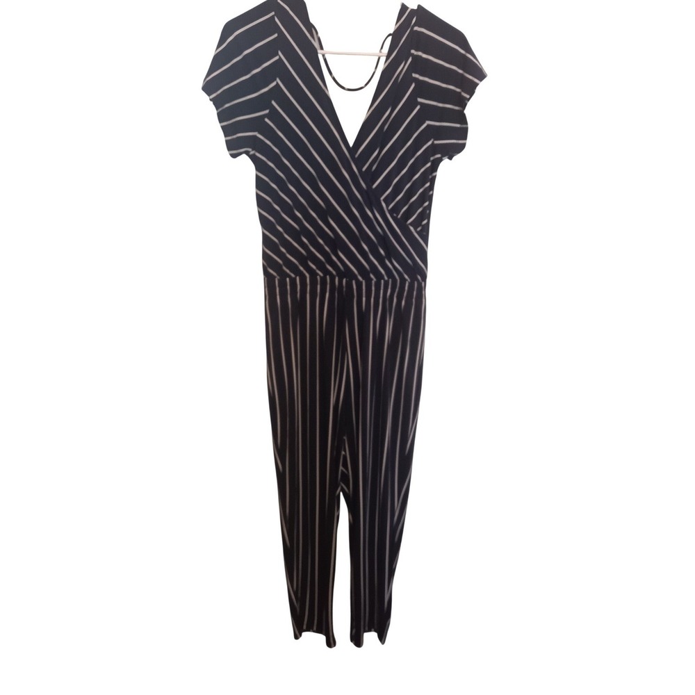 Belle Look Navy Blue White Striped Wrap V-Neck Jumpsuit Medium - Picture 1 of 2